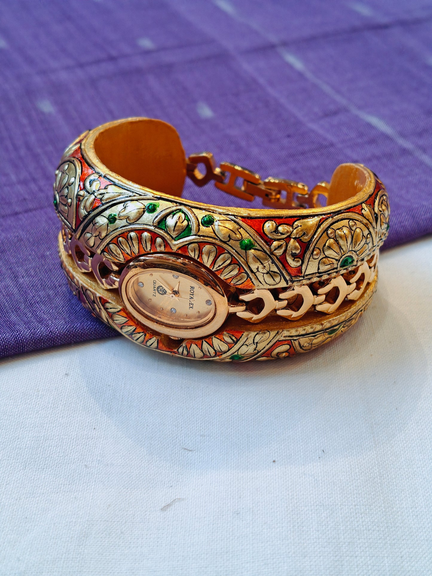 Red gold leaf embossed wide bracelet bangle cum watch