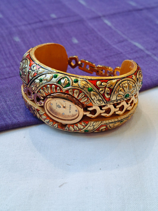Red gold leaf embossed wide bracelet bangle cum watch
