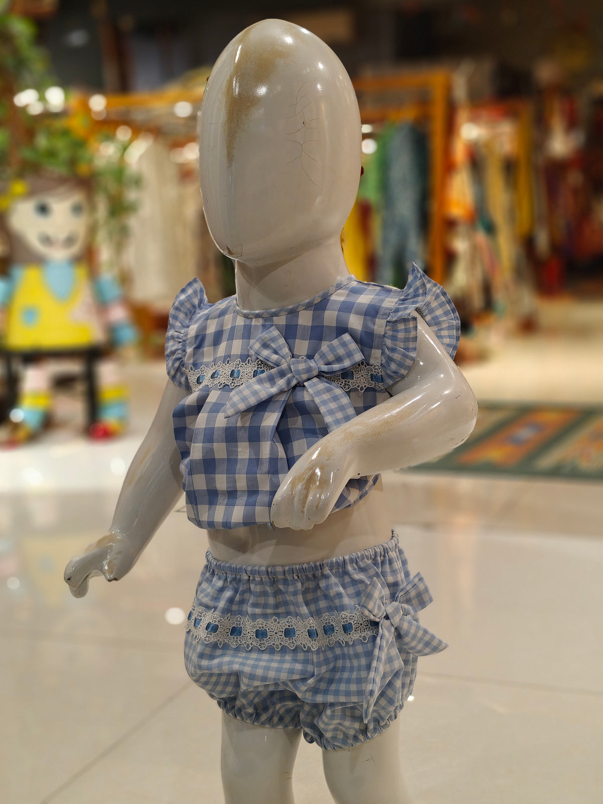 Blue n white checks with bow n lace detailing frock with shorts - 2 piece set