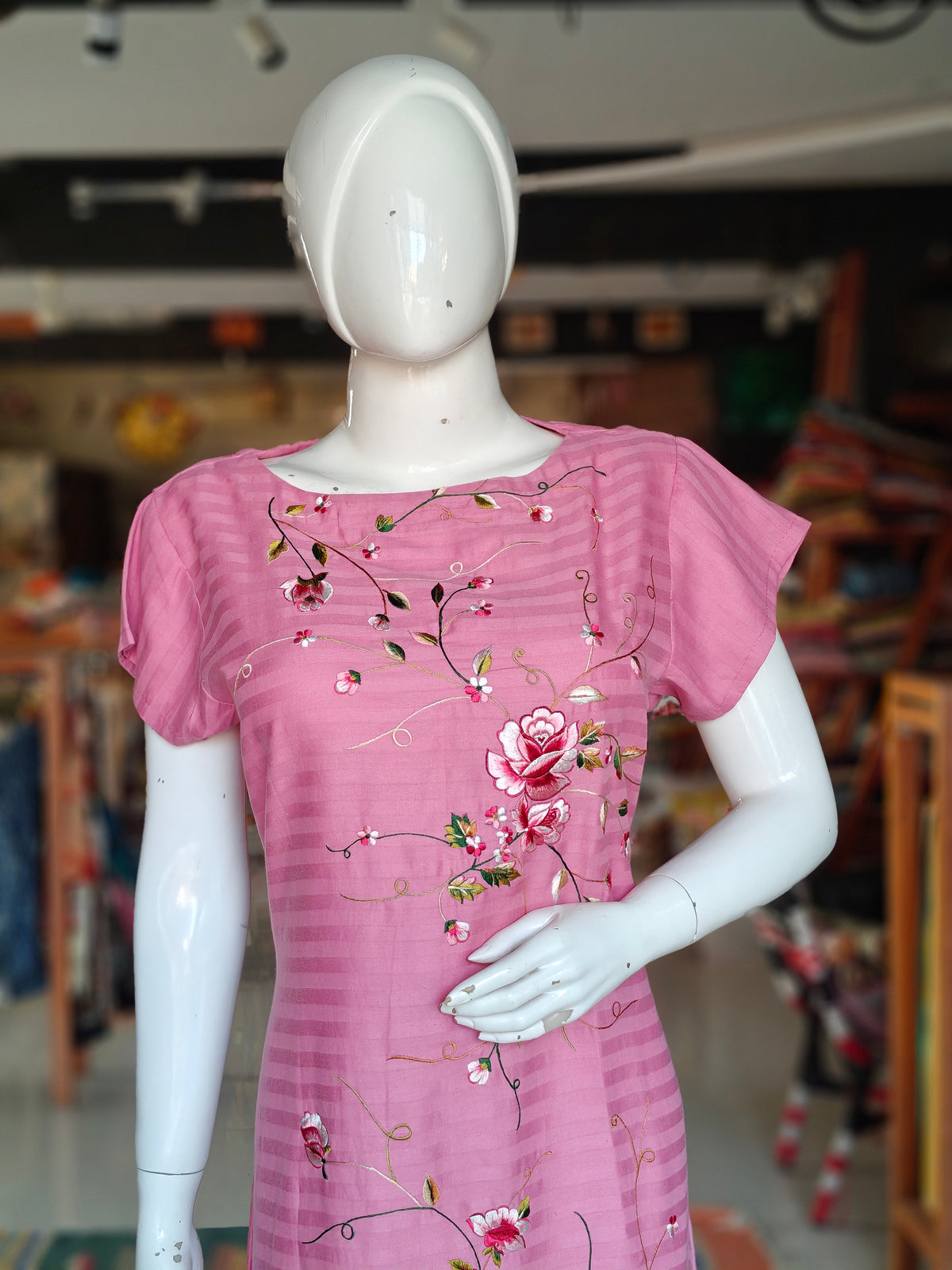 Pink striped with floral embroidery short sleeved a-line dress