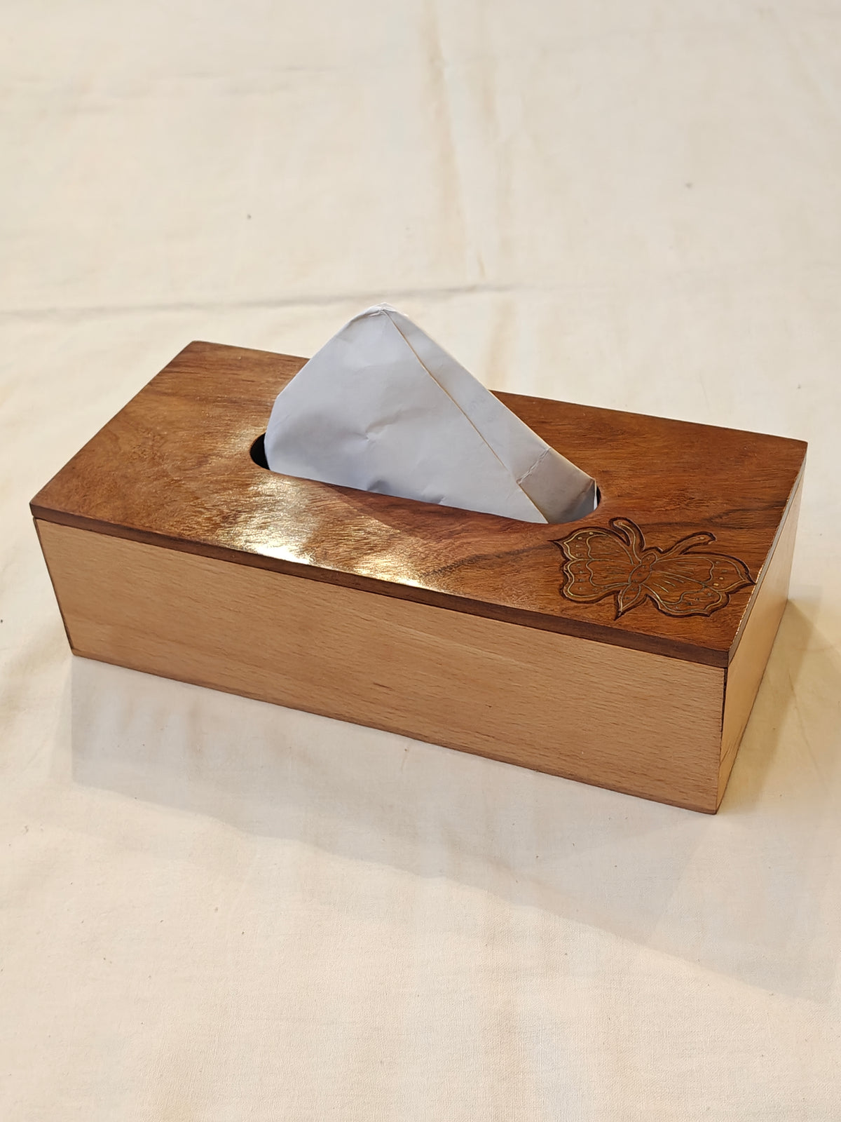 Wooden tissue holder with brass inlay butterfly design