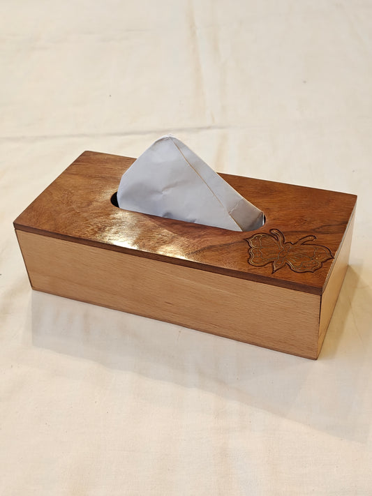 Wooden tissue holder with brass inlay butterfly design