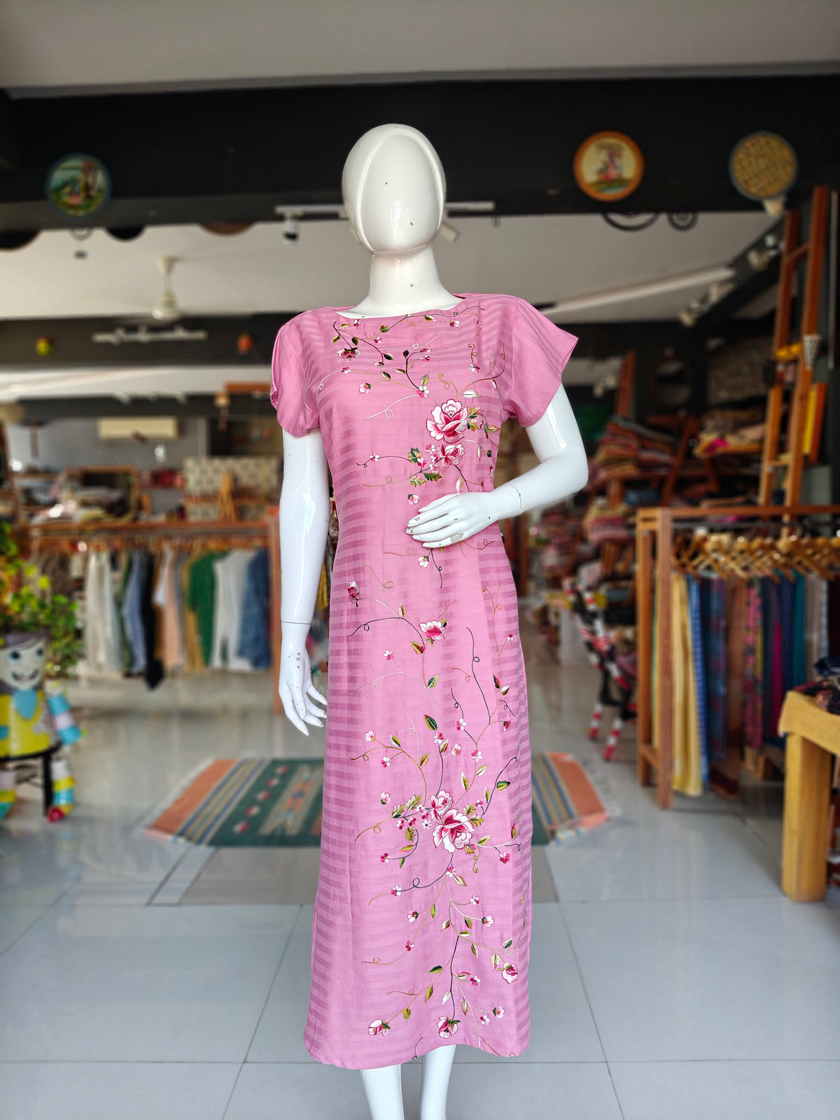 Pink striped with floral embroidery short sleeved a-line dress