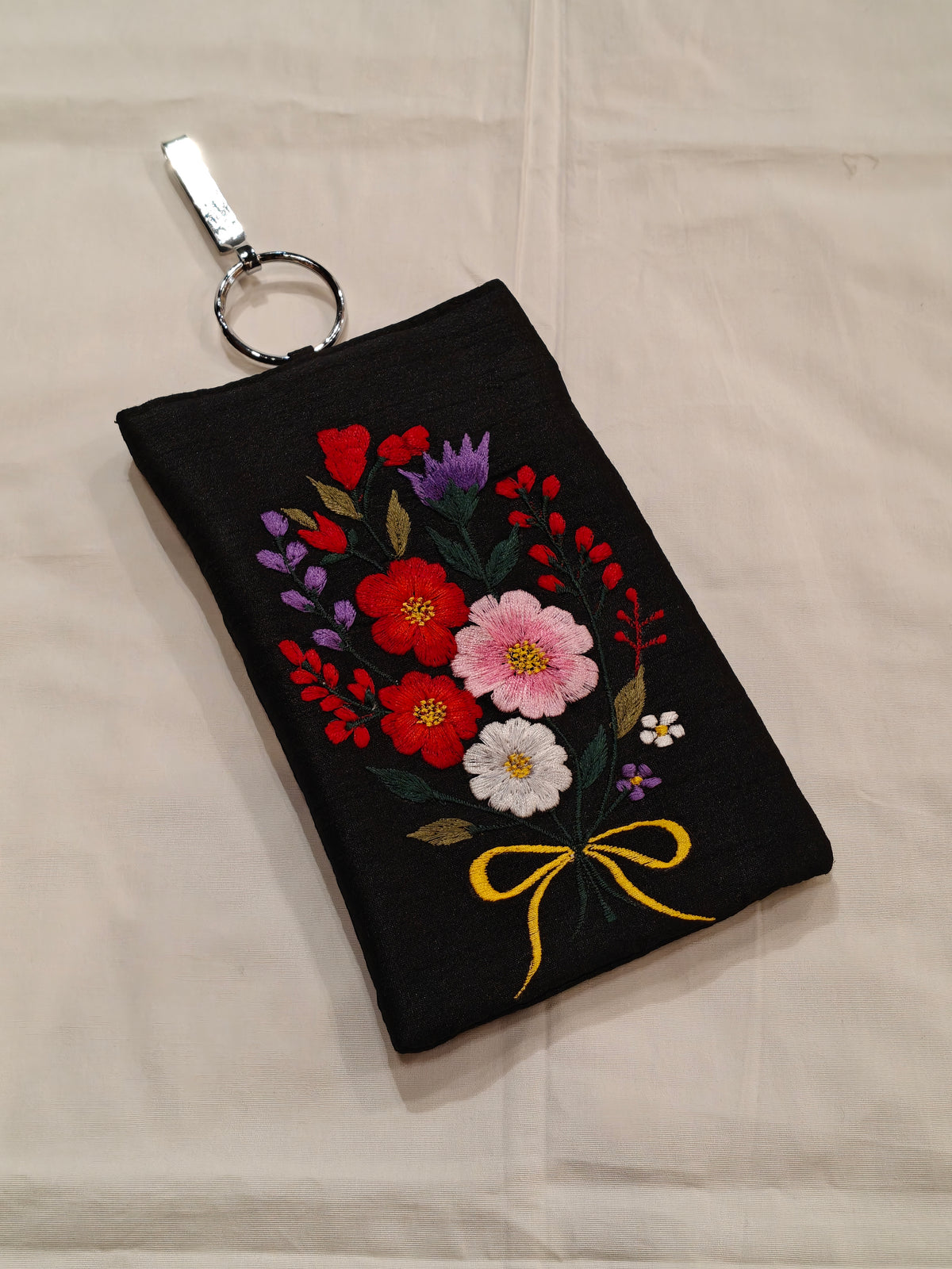Silk embroidered phone pouches with waist clip on and a sling - multiple options available