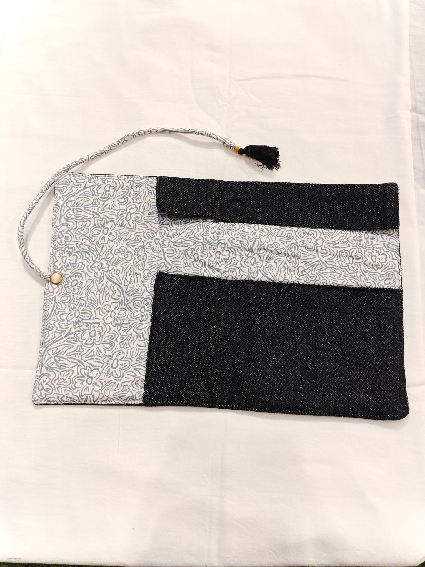 Denim with floral prints handcrafted fabric stationery organizer - for pens, brushes, pencils