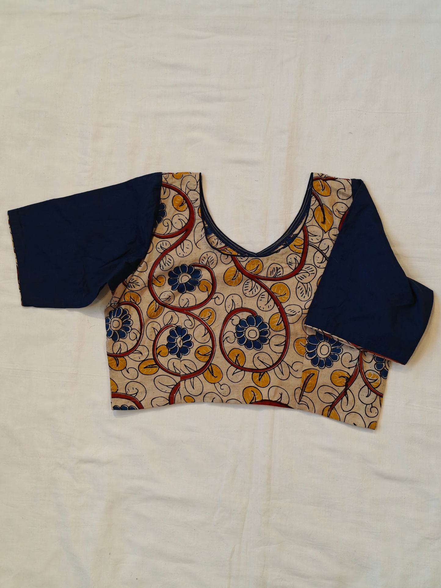Beige Kalamkari cotton with plain blue sleeves blouse