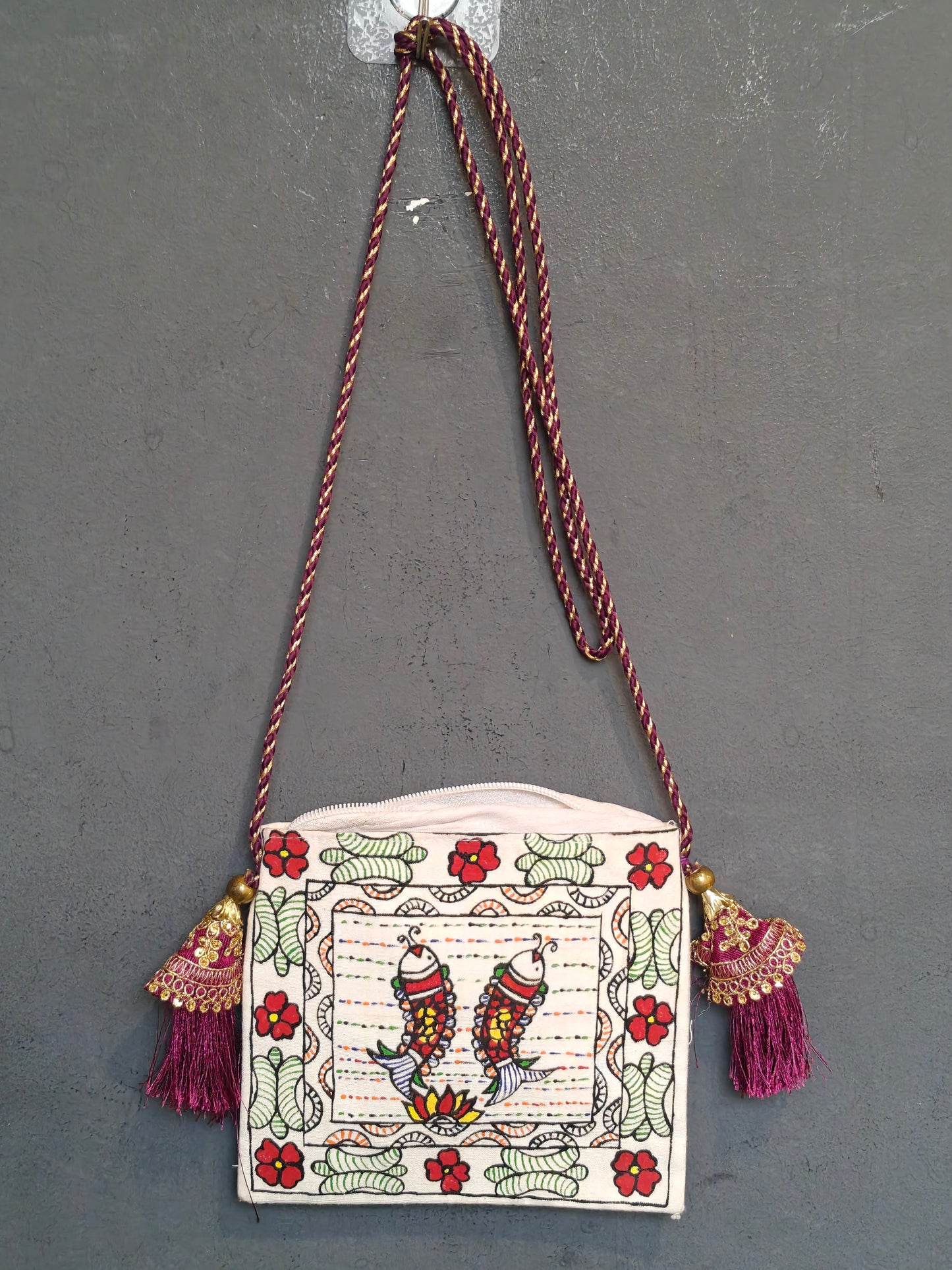 Handpainted on off white base fabric pouch with zipper closure, Tassles and sling - multiple designs available