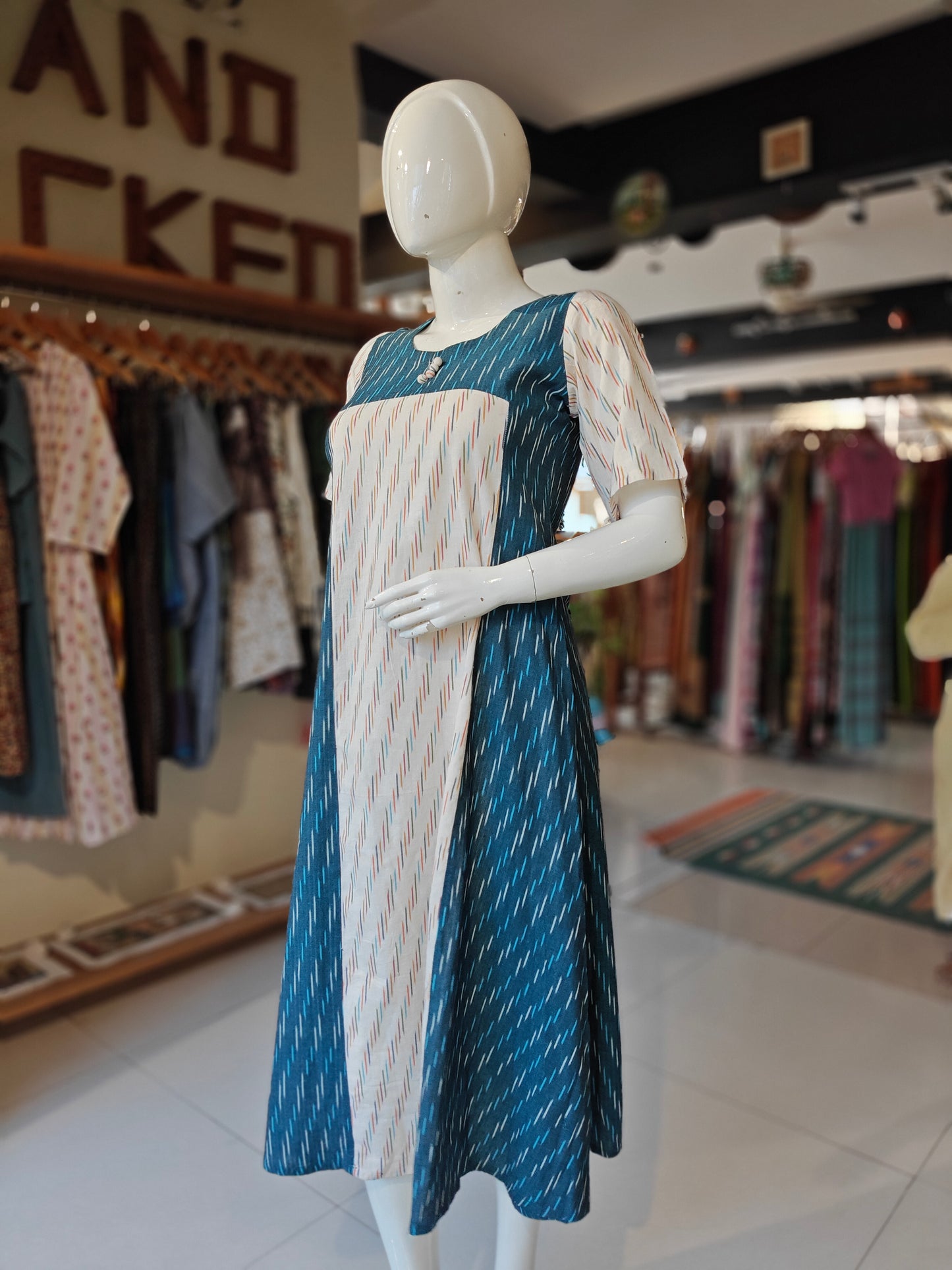 Turquoise and off white ikat cotton dress