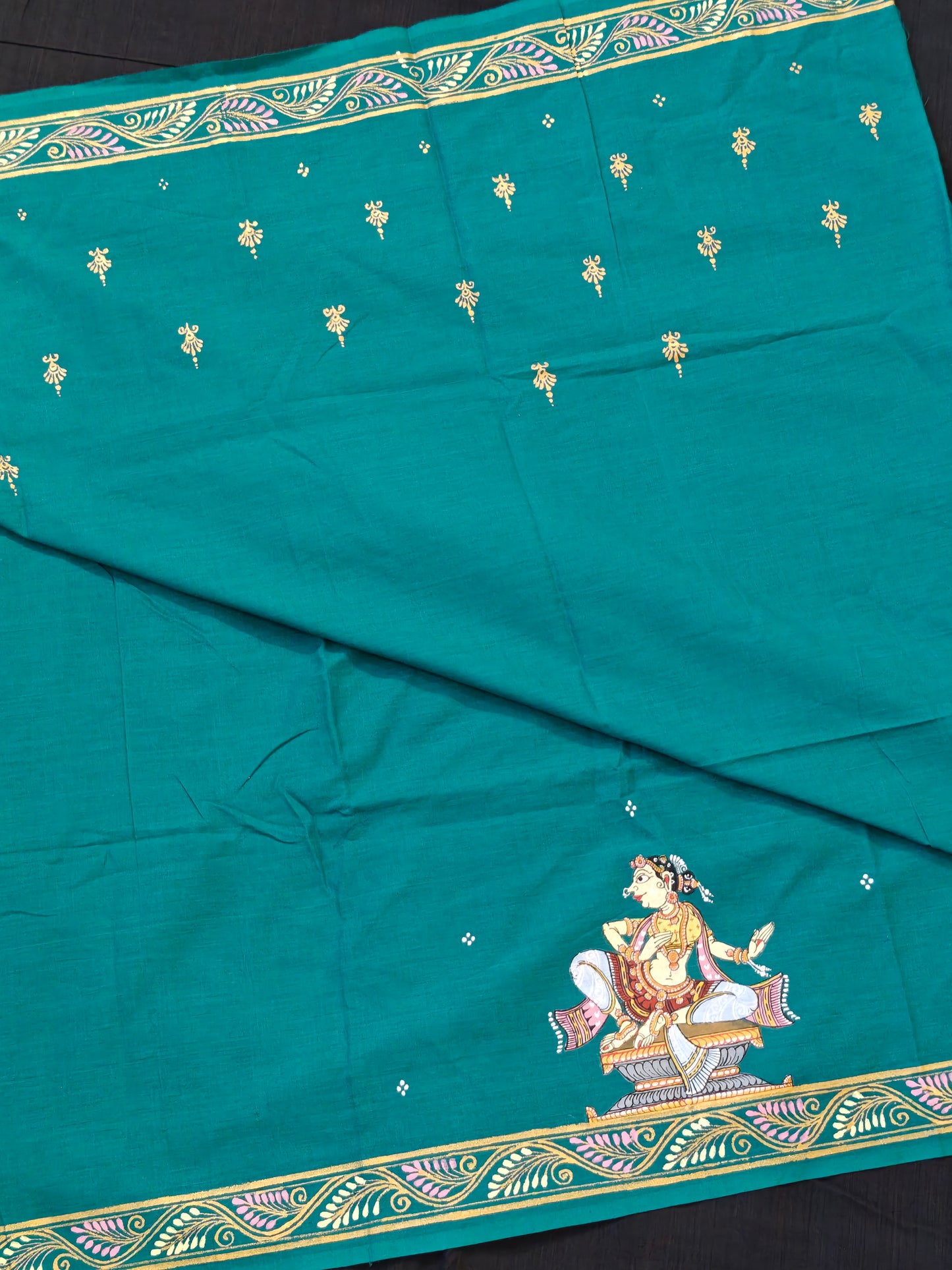 Patachitra hand-painted unstitched blouse piece with back and sleeves design - Handwoven cotton base