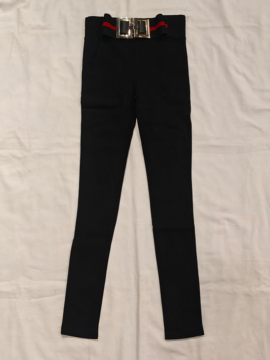 Black trousers with belt look red striped elastic waist band - narrow fit