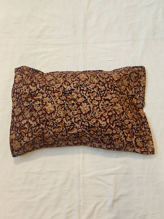 Brown beige floral Kalamkari hand block printed cotton pillow cover