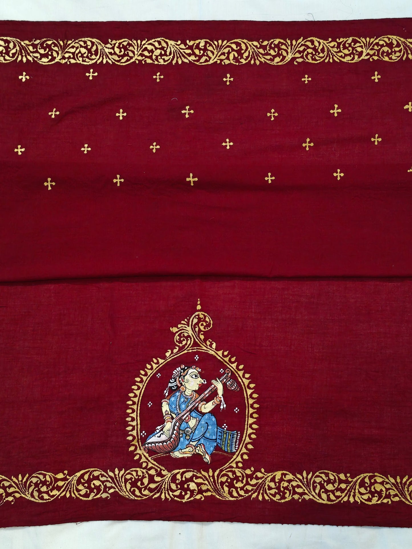 Patachitra hand-painted unstitched blouse piece with back and sleeves design - Handwoven cotton base
