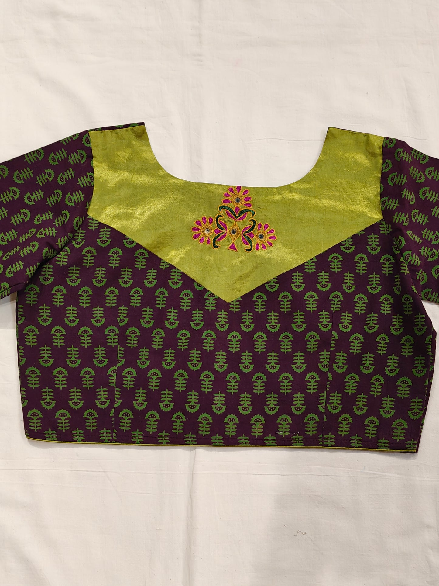 Purple cotton hand block printed blouse with green prints and Mashru embroidered back patch