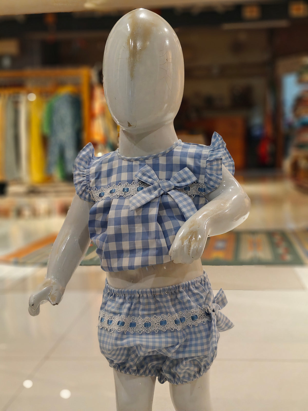 Blue n white checks with bow n lace detailing frock with shorts - 2 piece set