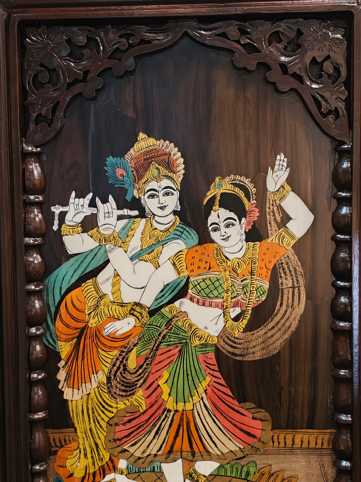 Dancing Krishna and Radha wood inlay work handcrafted wall frame