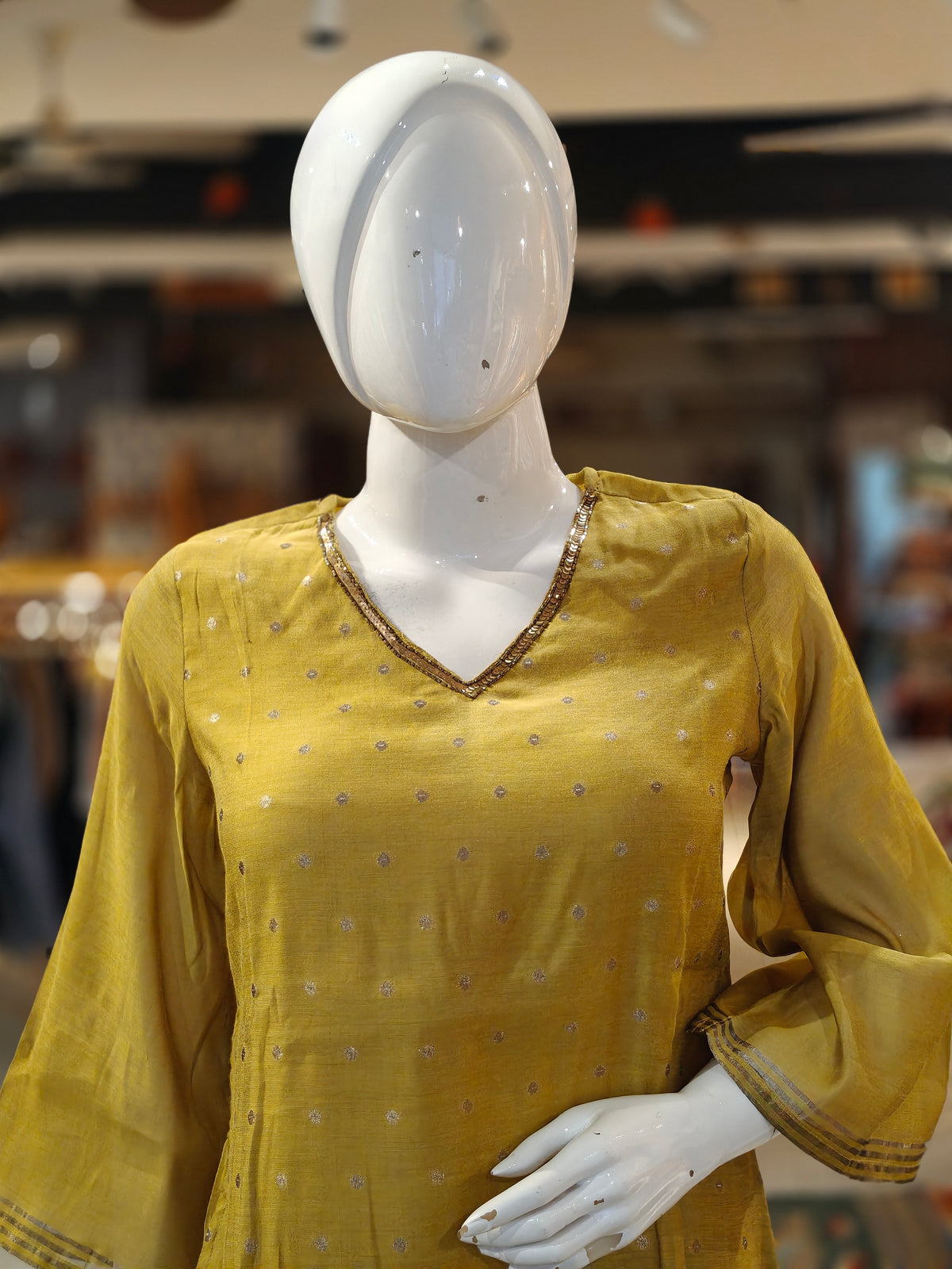 Mustard yellow mul chanderi silk 3 piece set: a-line kurti, pants n dupatta