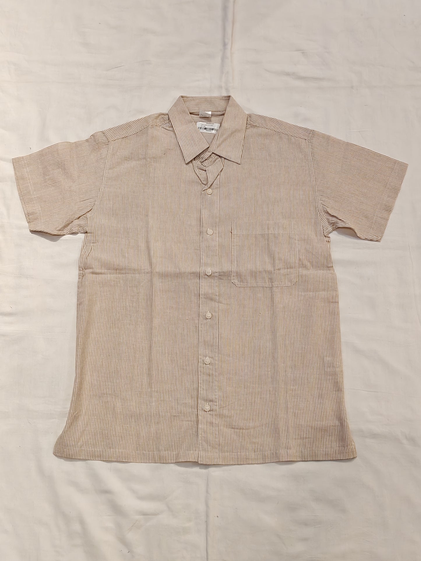 Beige and white vertical striped half sleeved men's shirt