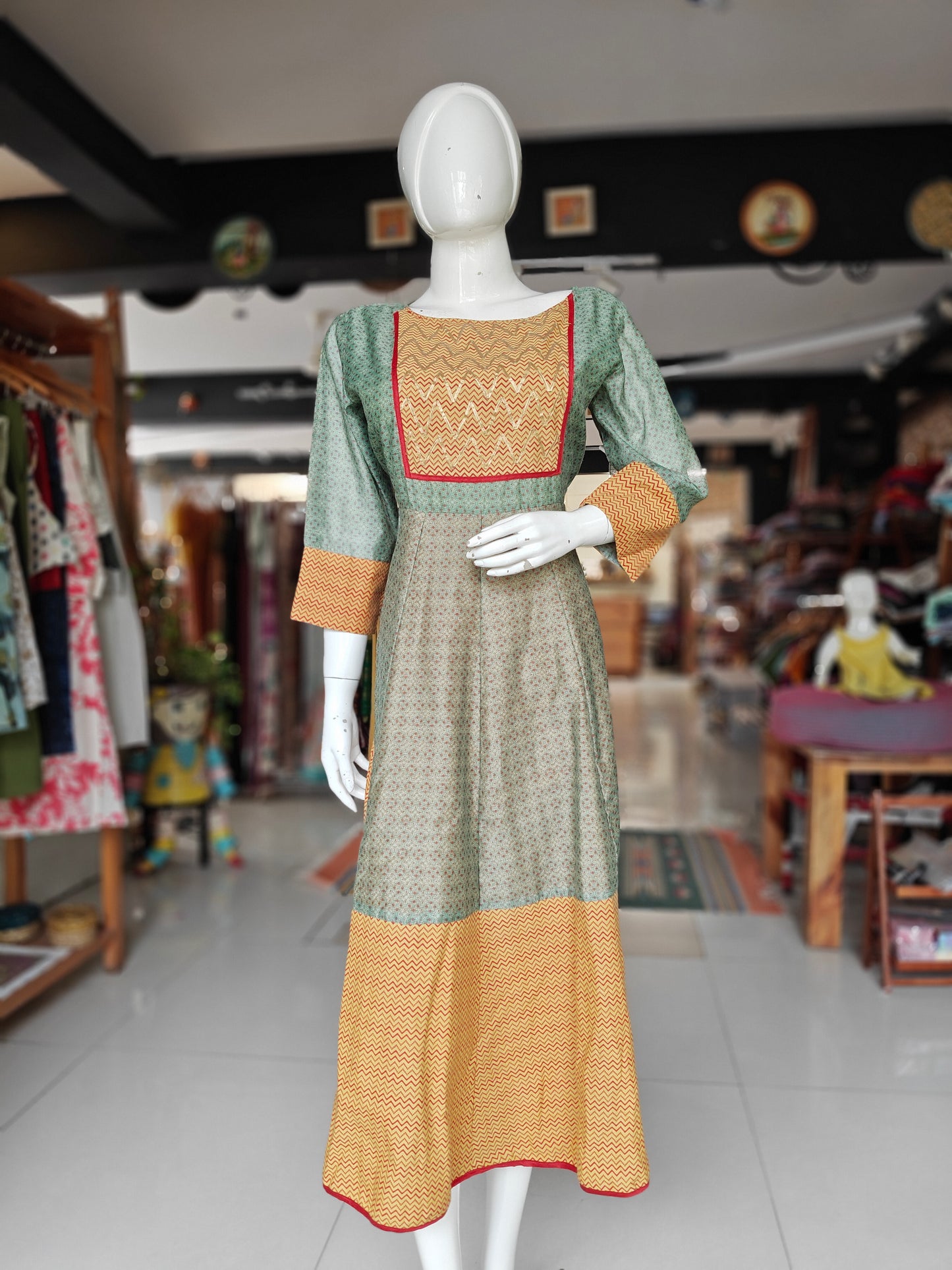 Green yellow red floral printed chanderi asymmetric hemline dress