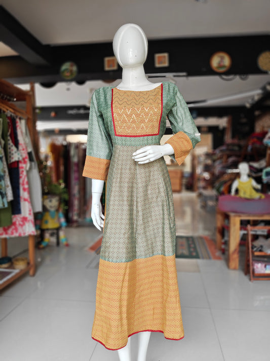 Green yellow red floral printed chanderi asymmetric hemline dress