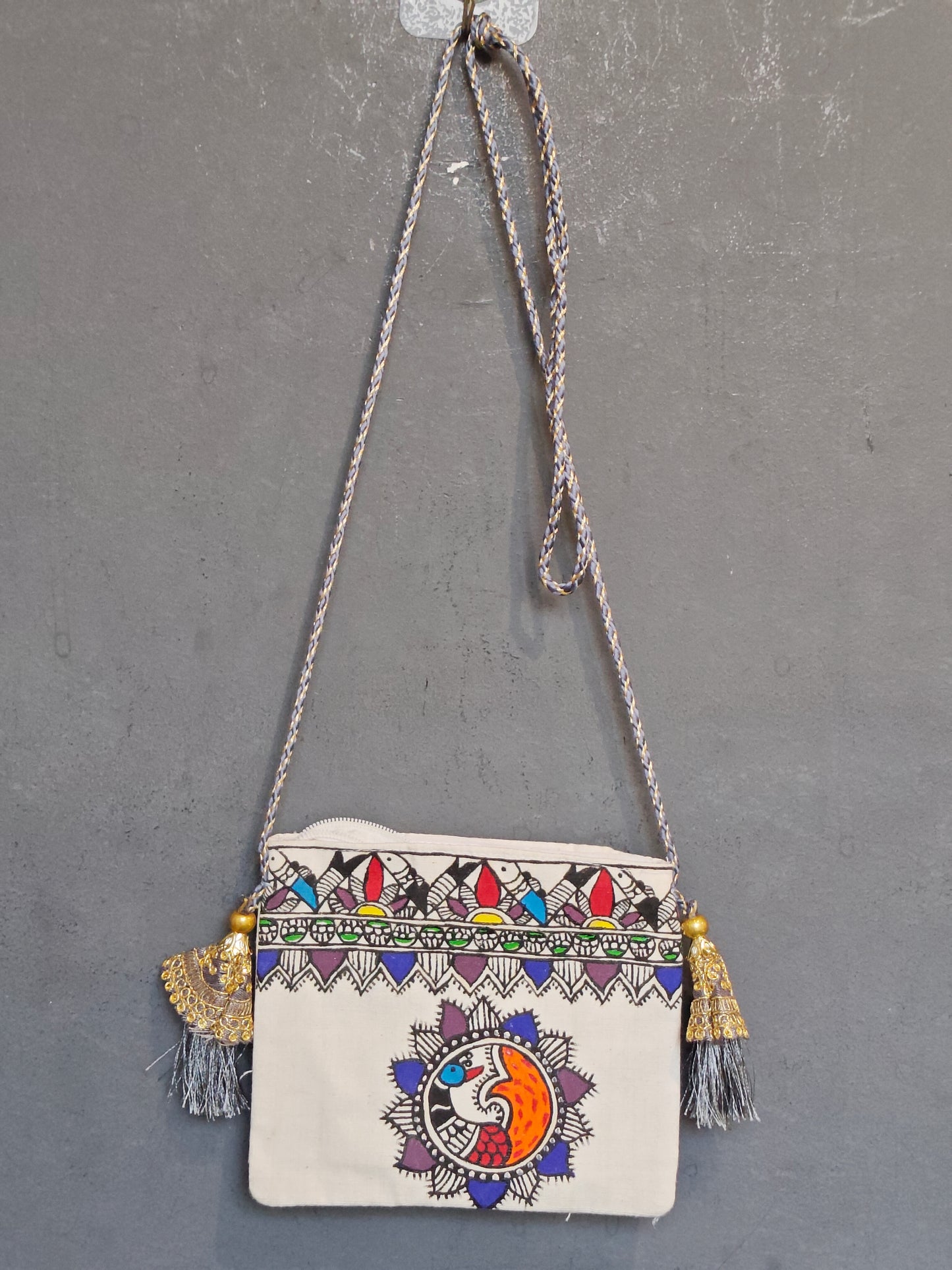 Handpainted on off white base fabric pouch with zipper closure, Tassles and sling - multiple designs available