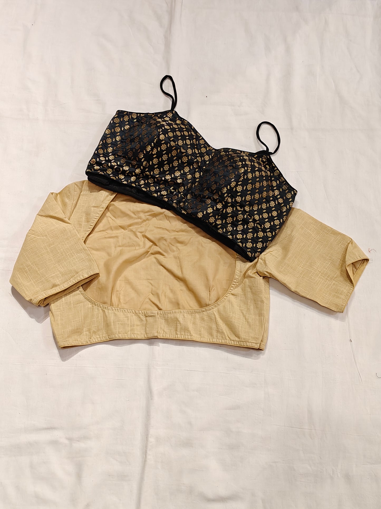 Beige cotton outer blouse with sleeves and black floral printed inner blouse - 2 piece cotton blouse