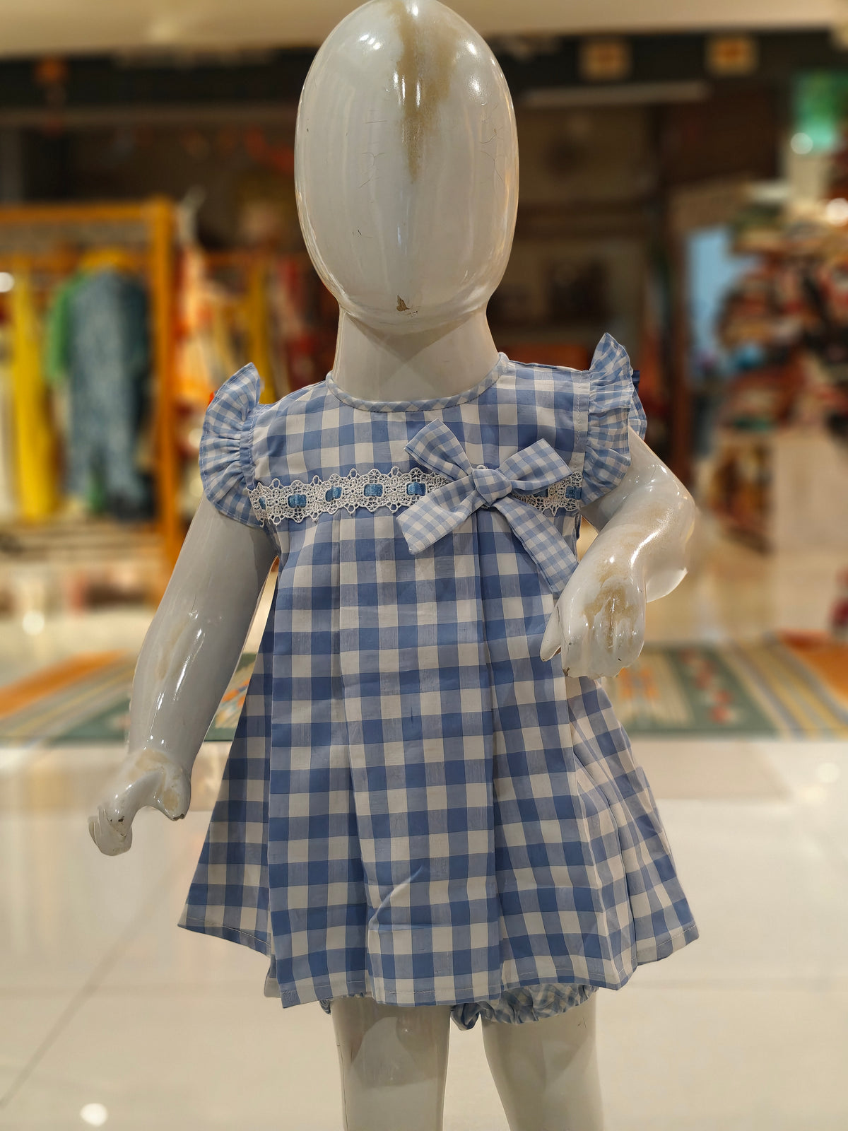 Blue n white checks with bow n lace detailing frock with shorts - 2 piece set