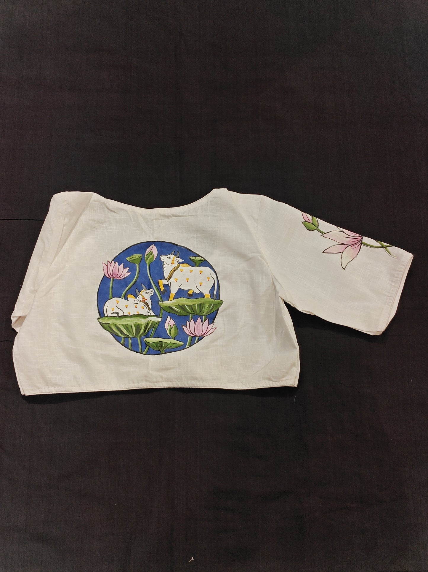 White pichwai style cows and lotuses hand-painted cotton blouse