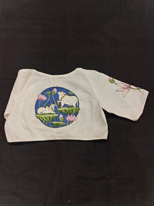 White pichwai style cows and lotuses hand-painted cotton blouse