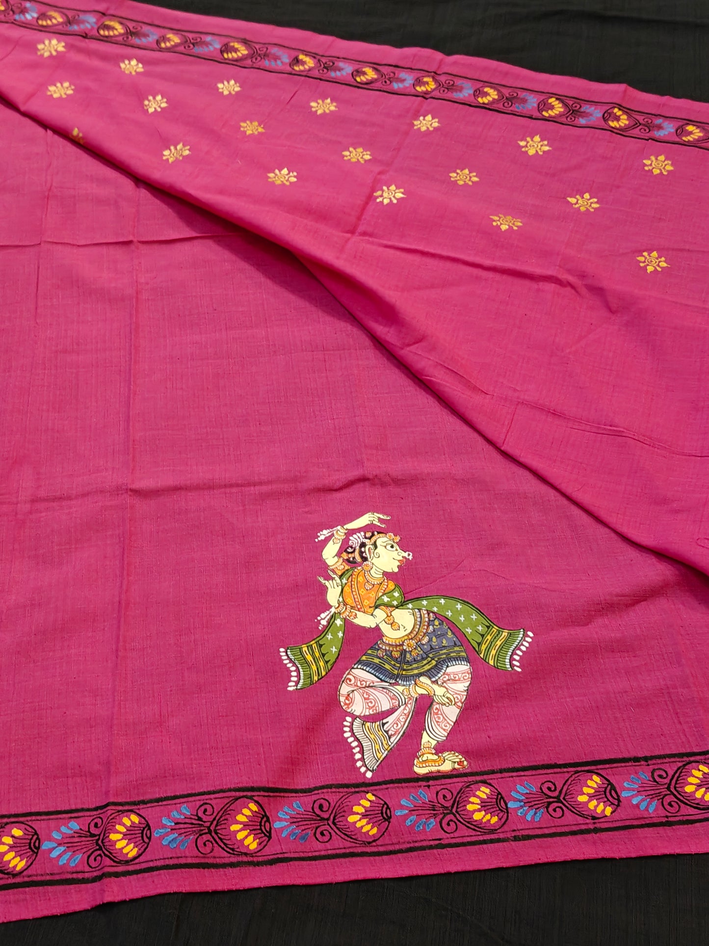 Patachitra hand-painted unstitched blouse piece with back and sleeves design - Handwoven cotton base