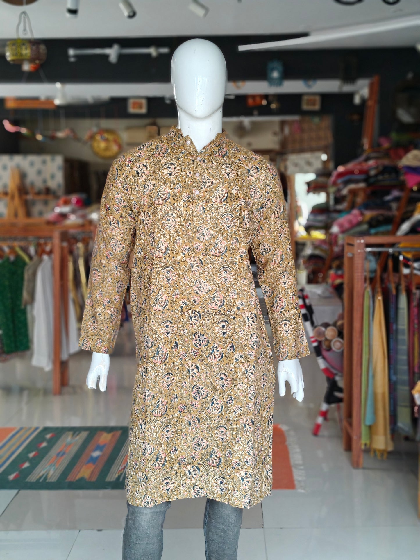 Olive green kalamkari cotton full sleeves long kurta for men