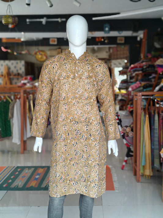 Olive green kalamkari cotton full sleeves long kurta for men