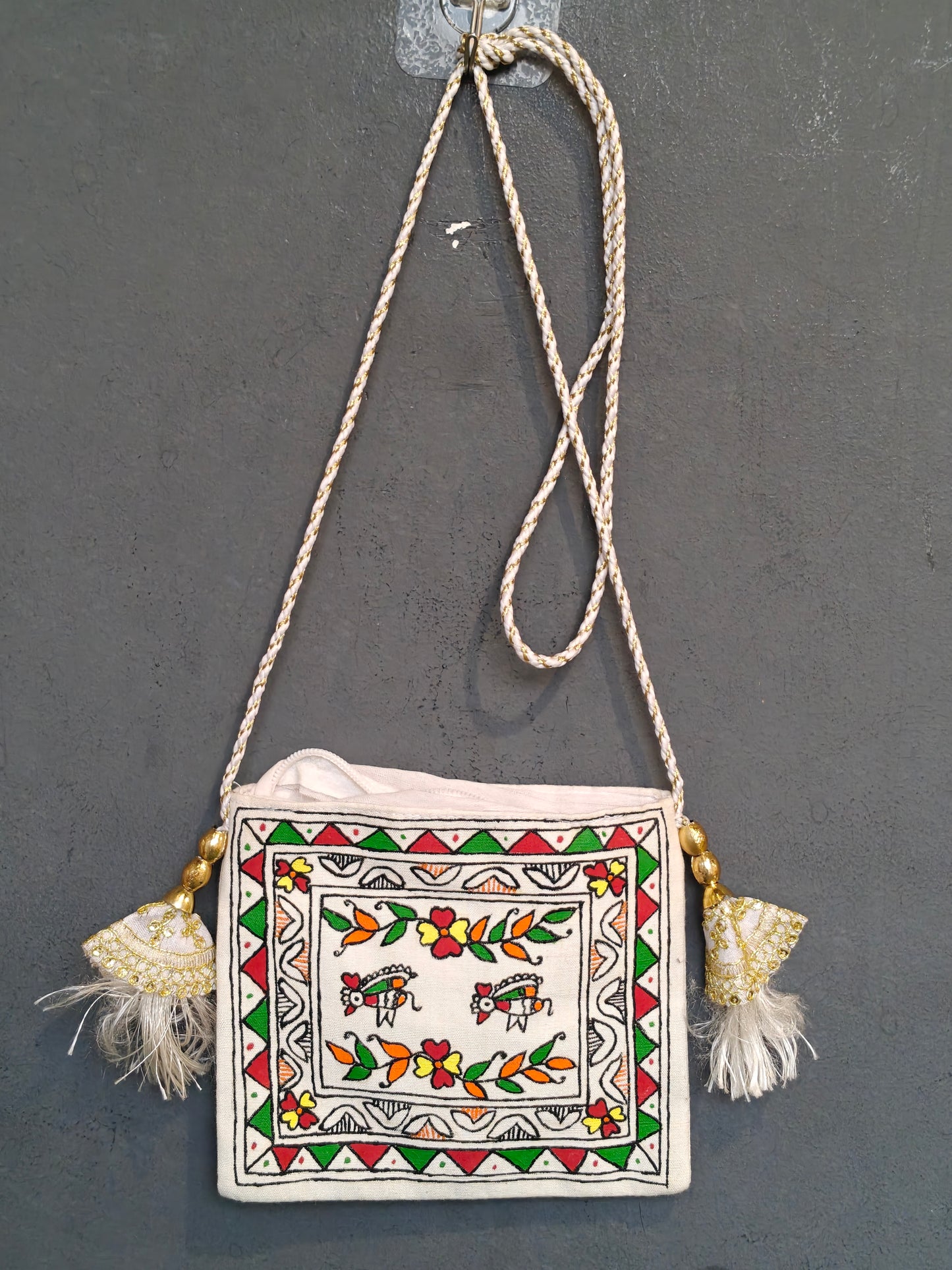 Handpainted on off white base fabric pouch with zipper closure, Tassles and sling - multiple designs available