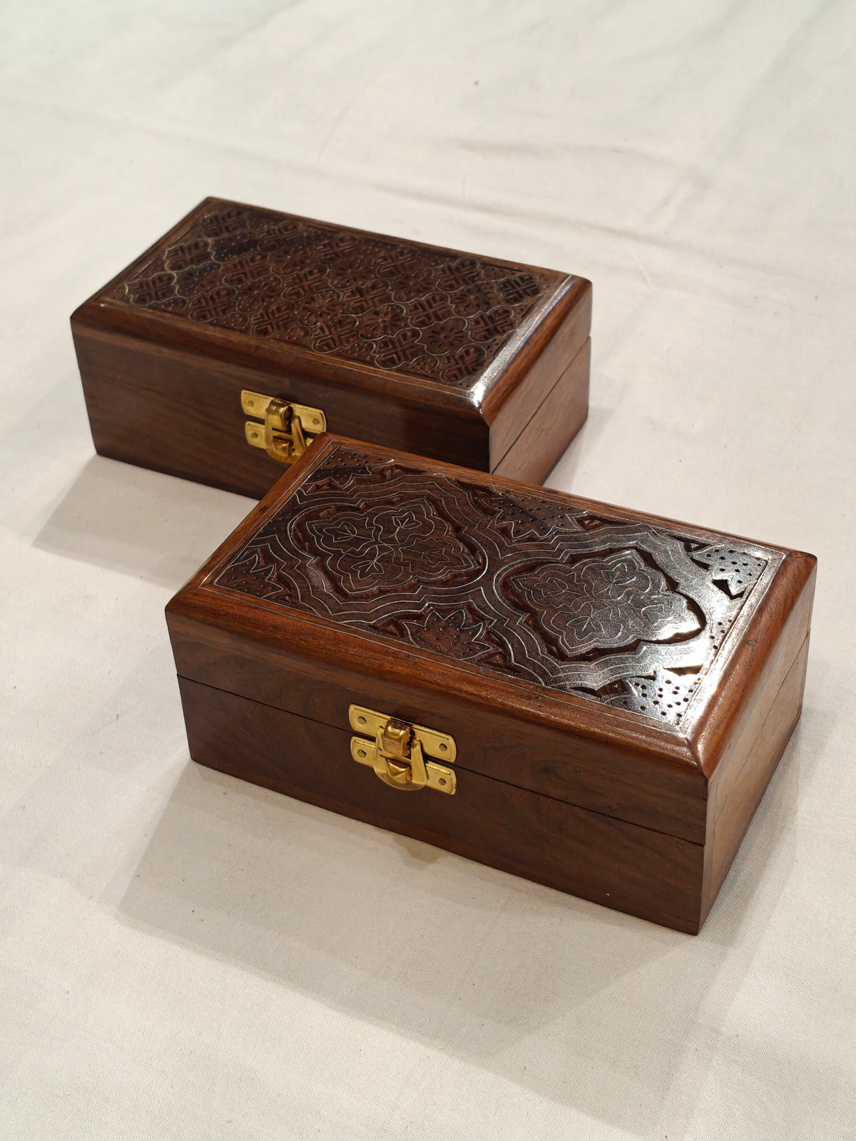 Brass inlay work wooden jewellery box - 6 × 3.5 × 2.5 Inches