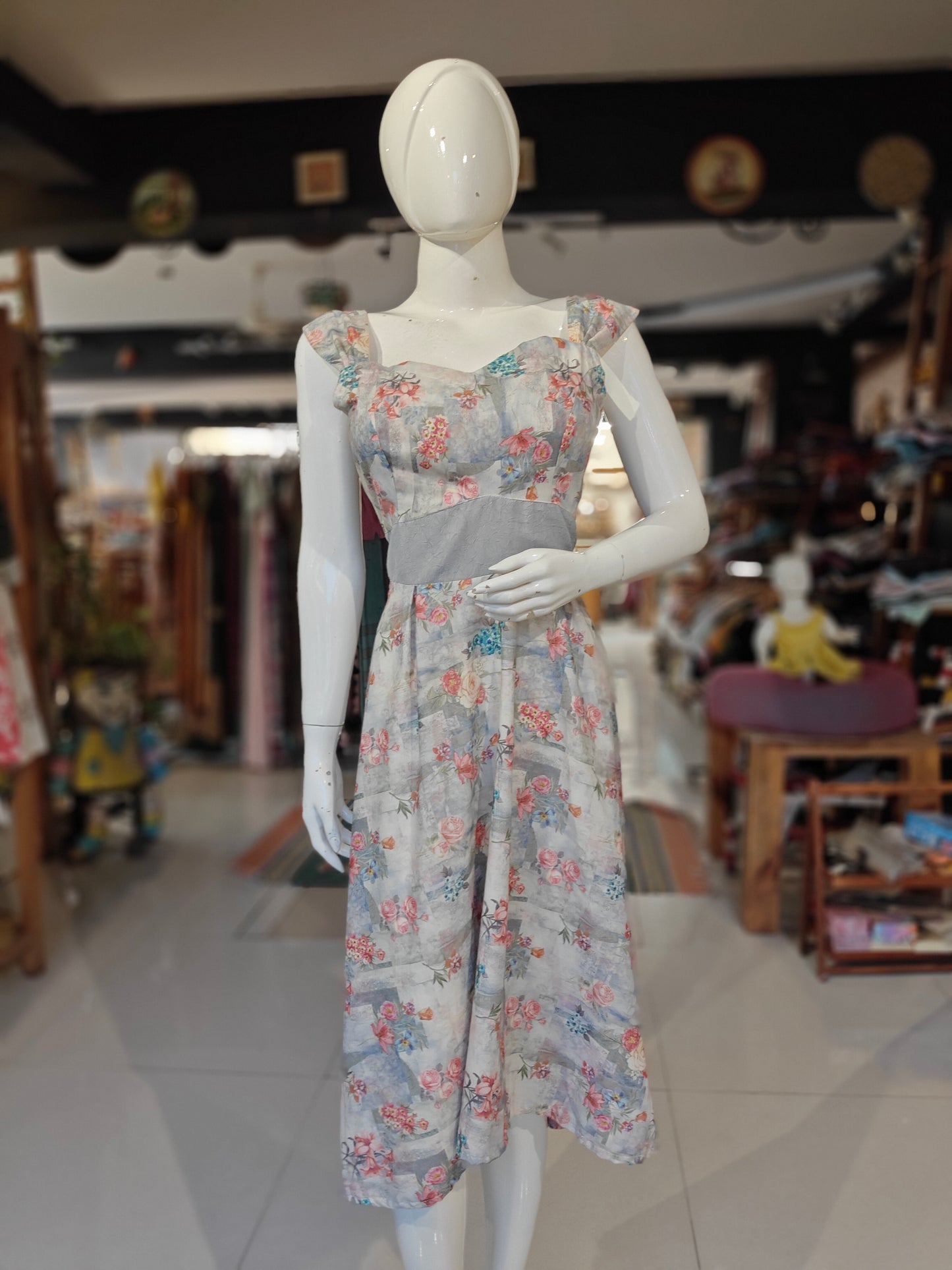 Grey with colorful floral printed sleeveless dress