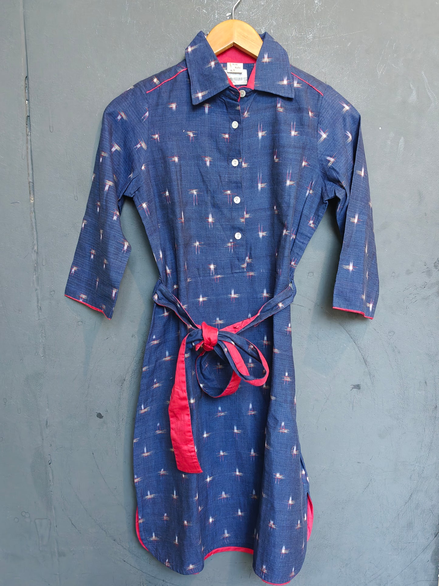 Navy blue ikat hand woven cotton dress with red trims and waist belt
