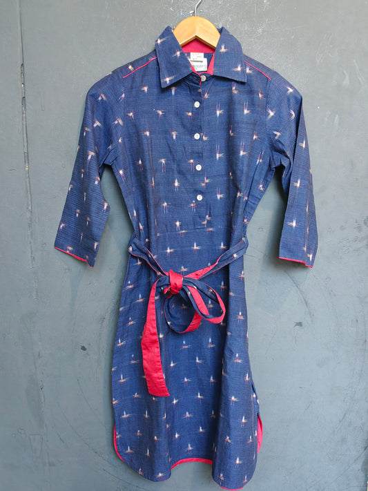 Navy blue ikat hand woven cotton dress with red trims and waist belt