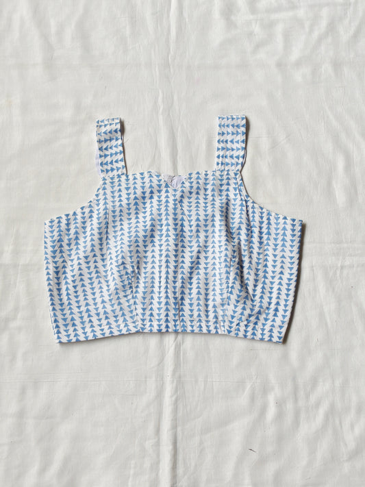 Blue triangles hand block printed on white base - sleeveless cotton blouse
