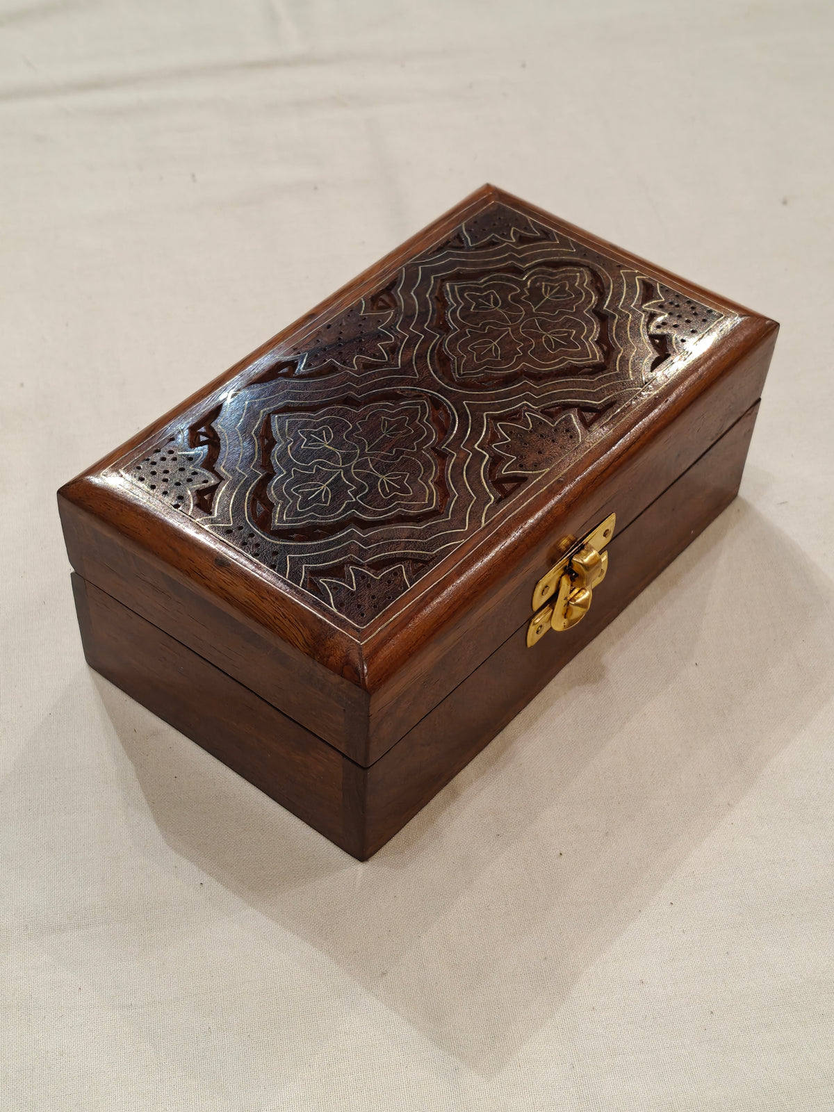 Brass inlay work wooden jewellery box - 6 × 3.5 × 2.5 Inches