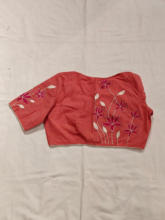 Peach floral embroidered back, elbow sleeved cotton blouse