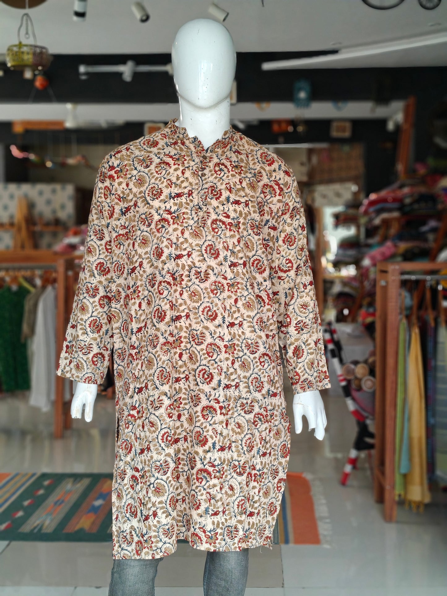 Beige kalamkari cotton full sleeves long kurta for men