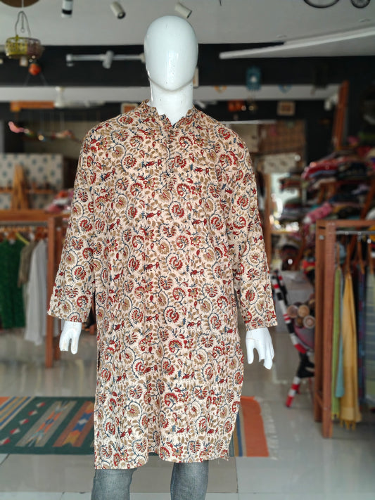 Beige kalamkari cotton full sleeves long kurta for men