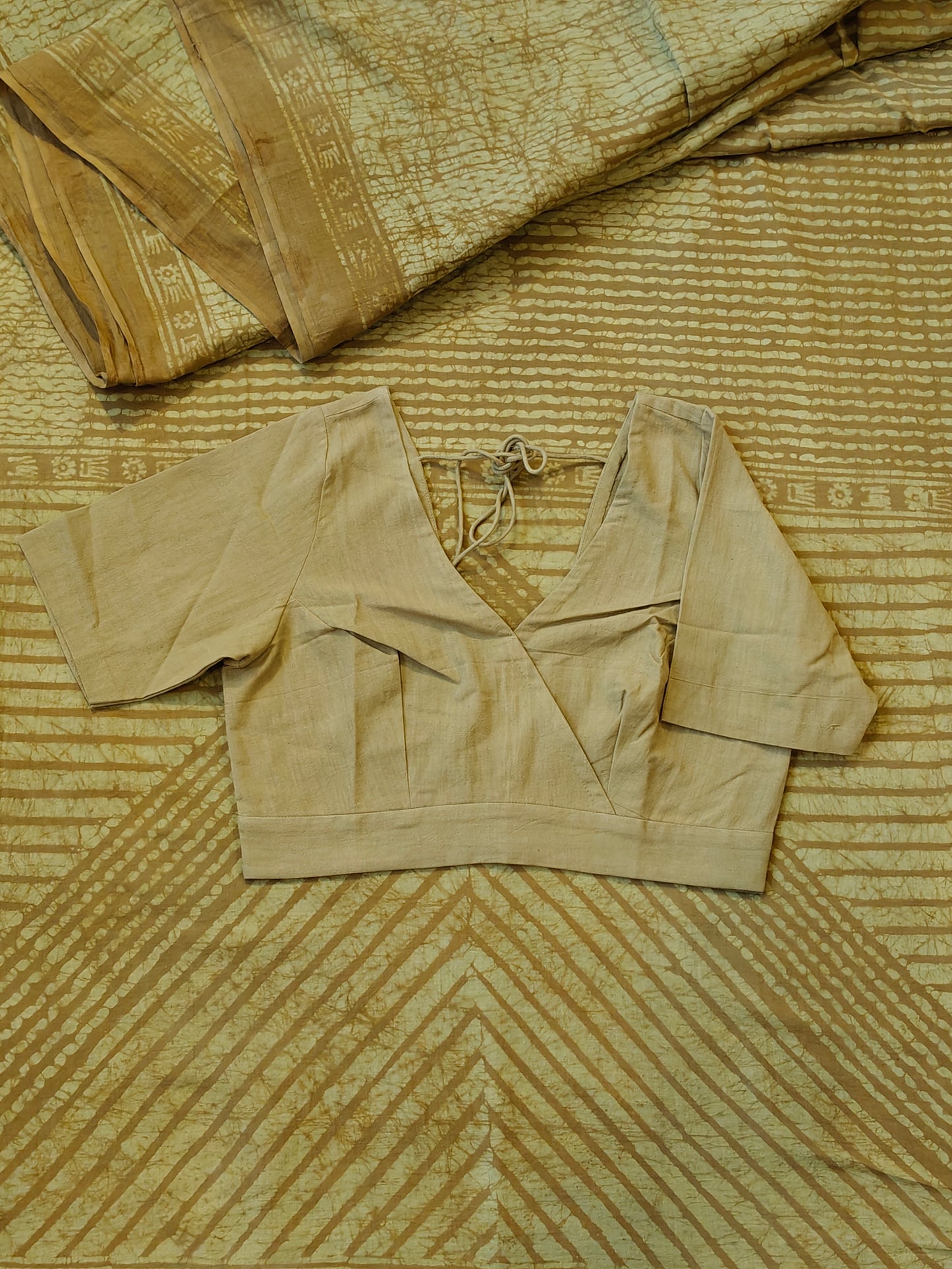 Hand spun , hand woven cotton V-neck blouse with back dori - colour options available