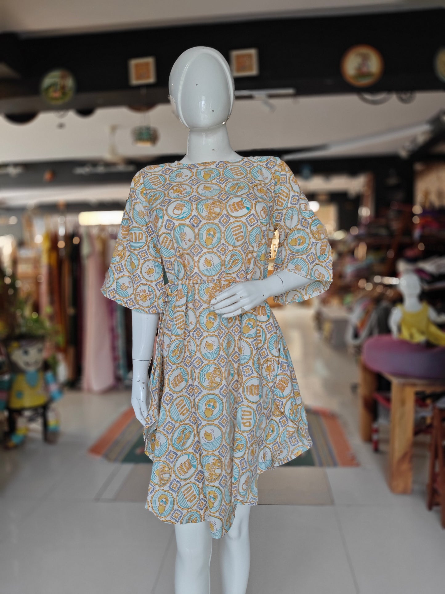 Off white with yellow quirky handblock printed dress with bell sleeves