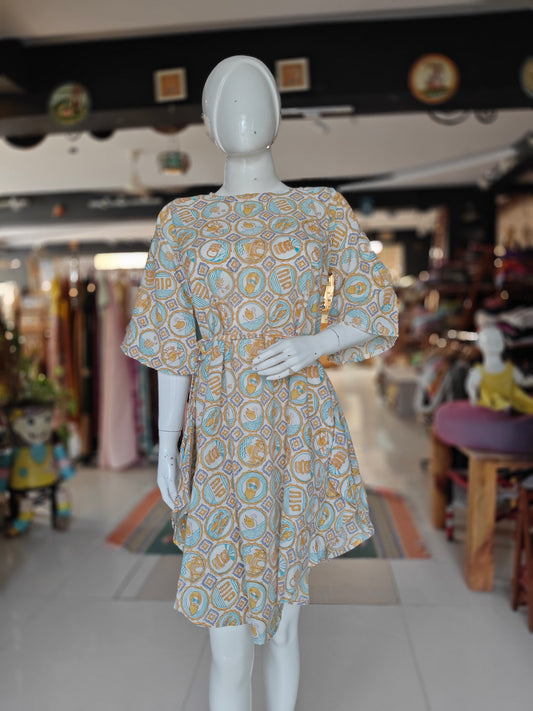 Off white with yellow quirky handblock printed dress with bell sleeves