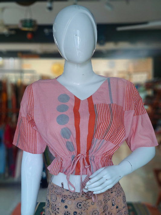 Pink v-neck stripes and circles freedom fabric crop top with waist tie - hand spun, hand woven, hand block printed