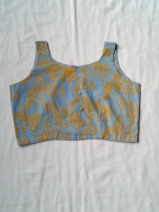 Beige leaves patterned on light blue base handblock printed cotton blouse