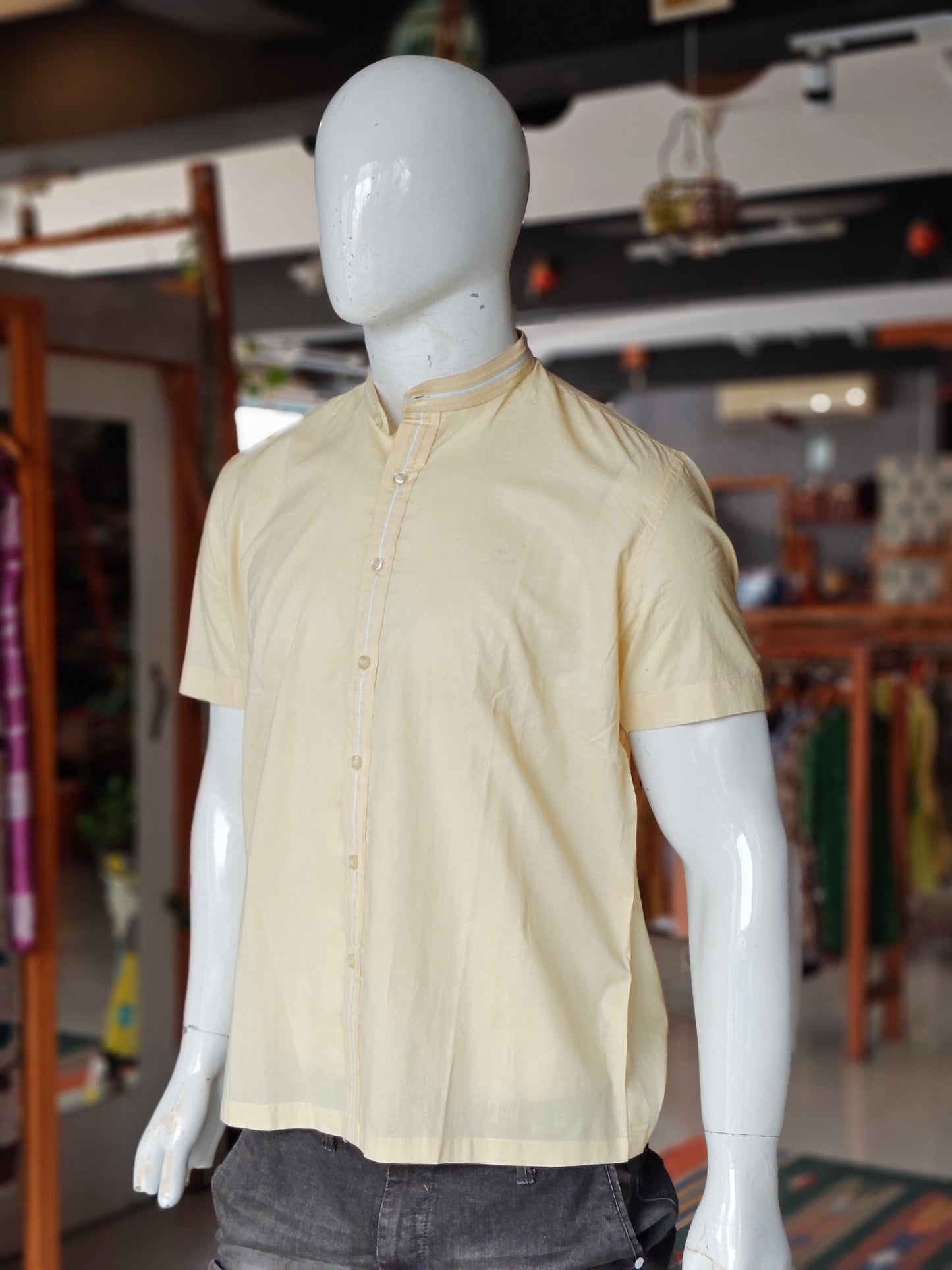 Light yellow cotton band collared casual shirt with white band in collar and button placket