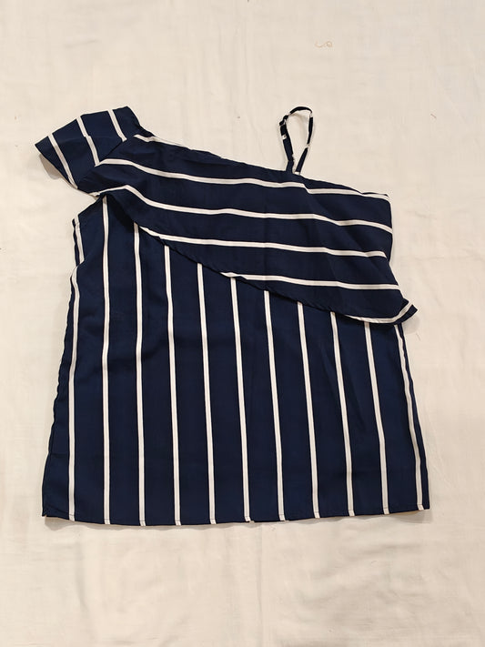 Navy blue and white striped one shoulder crepe top