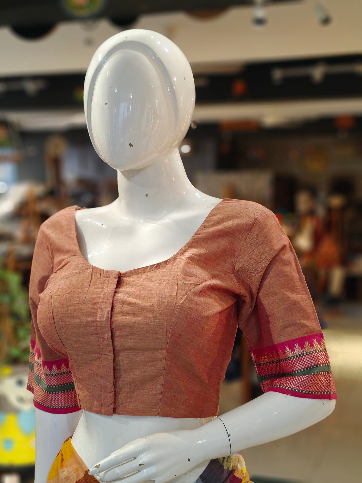 Copper red elbow sleeves cotton blouse with contrasting borders on sleeves