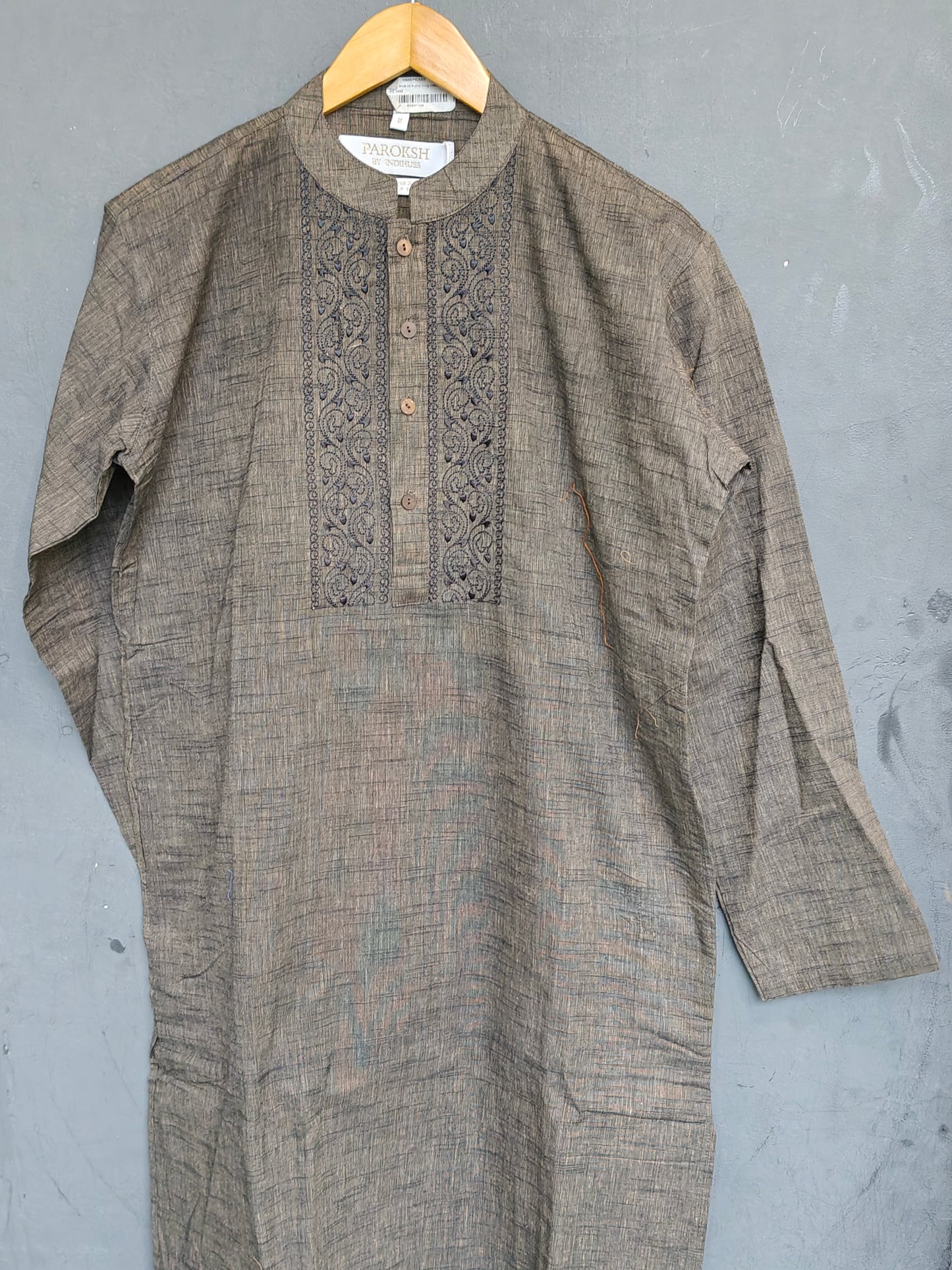 Seaweed green embroidered cotton long kurta for men